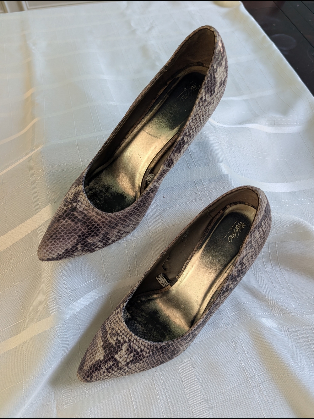 Mossimo Supply Co. Pointed Snake-Print Pumps in Gray and Taupe
